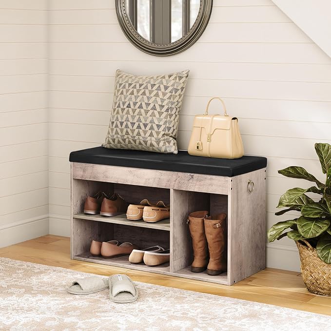 HOOBRO Shoe Storage Bench with Cushion, 32.3'' Entryway Bench with Lift Top Hidden Storage and Adjustable Shelves, Wooden Shoe Rack Bench for Entryway Bedroom, Rustic Brown and Black BG40HX01 - Image 2