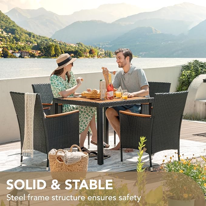 Devoko 5 PCS Furniture, Patio Conversation Set with Acacia Wood Top, Rattan Outdoor Dining Table and Chairs for Backyard, Garden, Deck, Black - Image 4