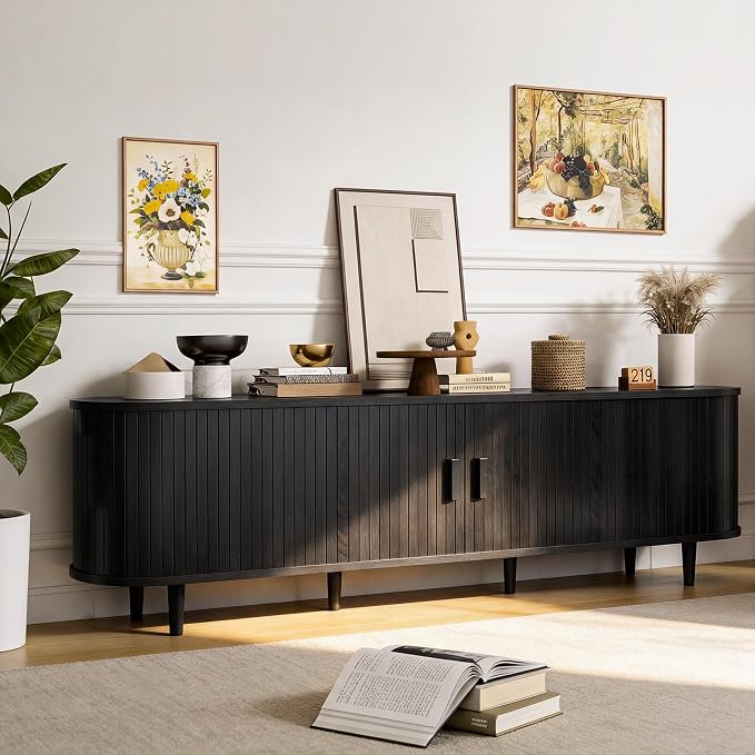 70" Mid Century Modern TV Stand, Wood TV Consoles with Sliding Doors and Power Outlet, Fluted Entertainment Center with Adjustable Shelves, Media Console for Living Room, Black - Image 8