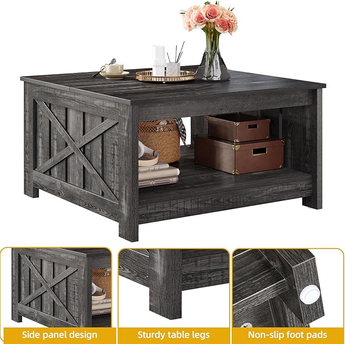 DWVO Square Coffee Tables for Living Room Farmhouse Coffee Table with Storage, 2-Tier Wood Center Table with Half Open Storage Compartment, Dark Rustic Oak