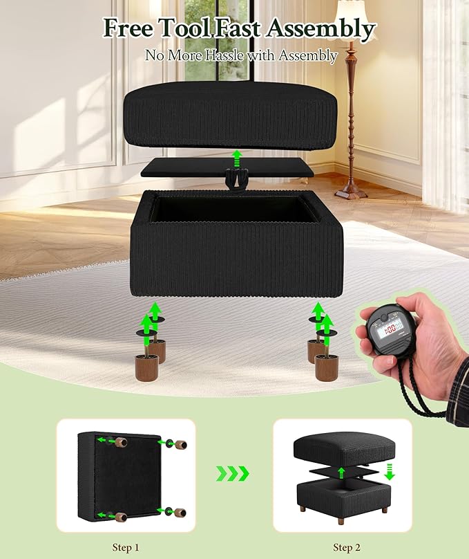25.2" Couches for Living Room, Comfy Black Ottoman with Storage, Foot Rest Tool-Free Setup, Small Ottoman Foot Rest for Couch, Corduroy Couch for Bedroom, Apartment, Office