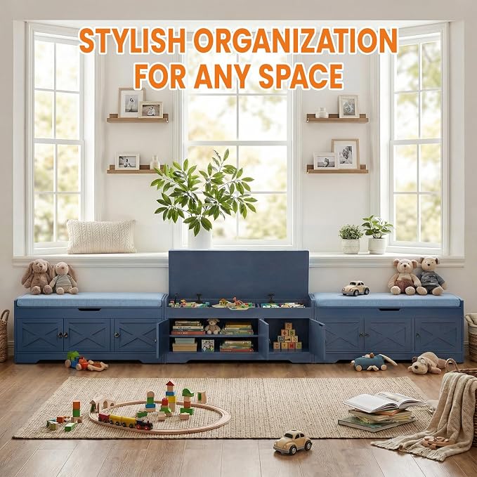 Farmhouse Shoe Storage Bench with Cushion Seat, 3-Tier Entryway Bench with Lift Top Storage and Adjustable Shelf, Bench for Hallway, Bedroom, Blue - Image 6