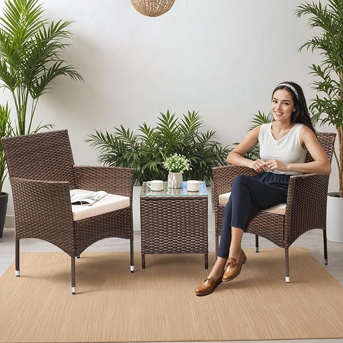 Greesum 3 Pieces Patio Dining PE Rattan Wicker Chair Furniture Set with Cushion and Glass Coffee Table for Outdoor Garden Backyard Poolside, Brown and Beige