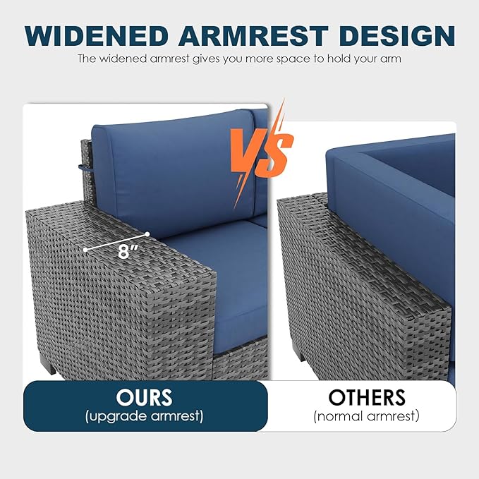 5 Piece Patio Furniture Set with Fire Pit Table, Outdoor Conversation Sets Grey Wicker Rattan Sectional Sofa, 4'' Thickened Cushion Navy Blue (Include Waterproof Cover)