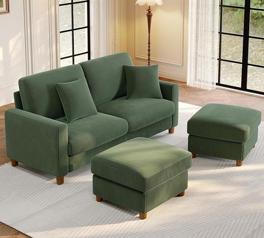 70.2" Couches for living room, Comfy U Shaped Couch Green 7.1" Thicker Cushion, Sofas for Living Room Tool-Free Setup, Loveseat with Ottoman 7058lbs Support, Corduroy Couch for Bedroom, Office