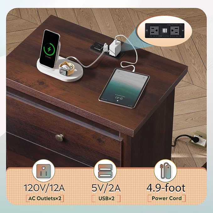 WLIVE Tall Nightstand with Charging Station, Wood Night Stand with 3 Drawers Storage, Bedside Table End Side Tables with 2 USB Ports and Outlets for Bedroom, Closet, Espresso - Image 4