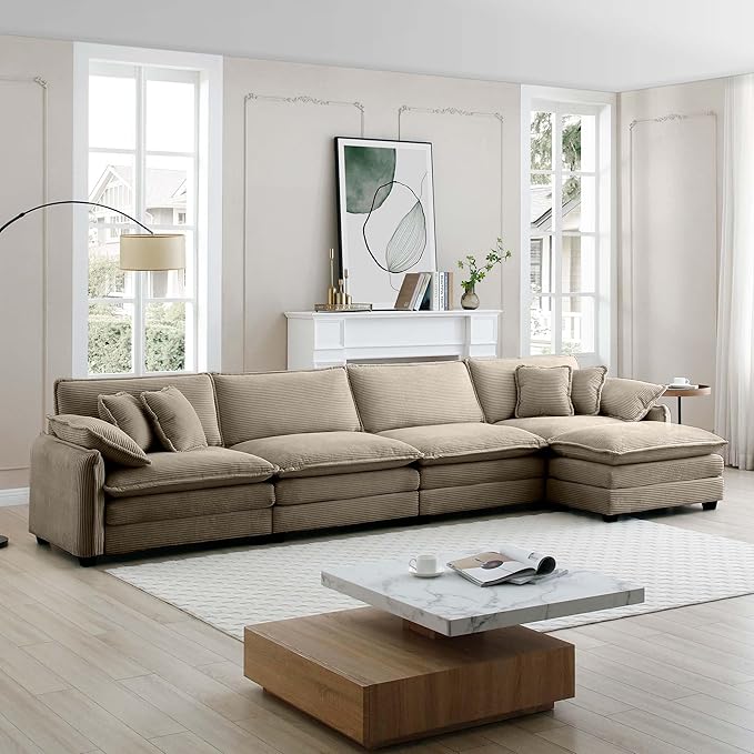 KEIKI 150" L-Shaped Oversized Corduroy Modular Sectional Sofa with 1 Ottoman, High-Density Foam Cushions, Removable Armrests, Upholstered 4-Seater Corner Couch with 6 Pillow, for Living Room, Tan