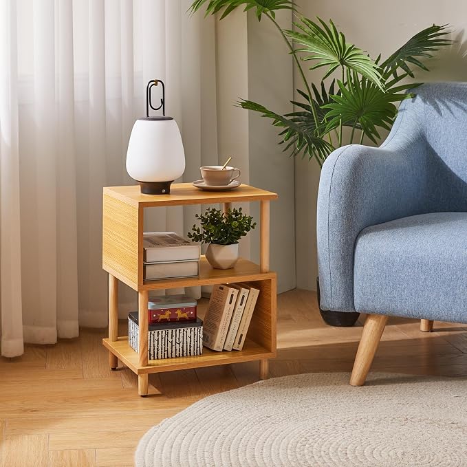 Aibiju Wooden Night Stand with Open Shelf, Nightstand with Solid Wood Legs, S-Shaped Bed Side Table 3 Tier, End Table Natural Wood YD-TM152N - Image 4