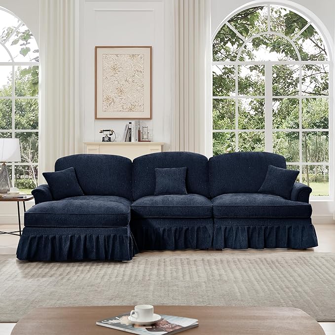 KEIKI Mid Century Modular Sofa with Flared Arms and Skirted Design, 107” Oversized 3-Seater with Ottoman Luxury Chenille L-Shaped Sectional Couches for Living Room, Chaise Lounge Indoor, Blue