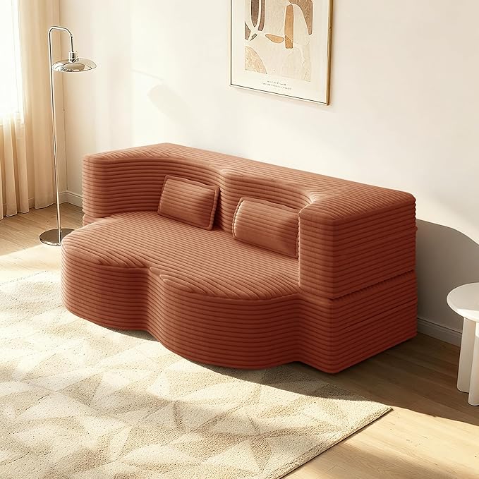 78" Convertible Sofa Bed, 2-in-1 Folding Floor Couch with 2 Pillows, Sleeper Sofa for Living Room and Bedroom, No Assembly Required (Orange, Corduroy Fabric)