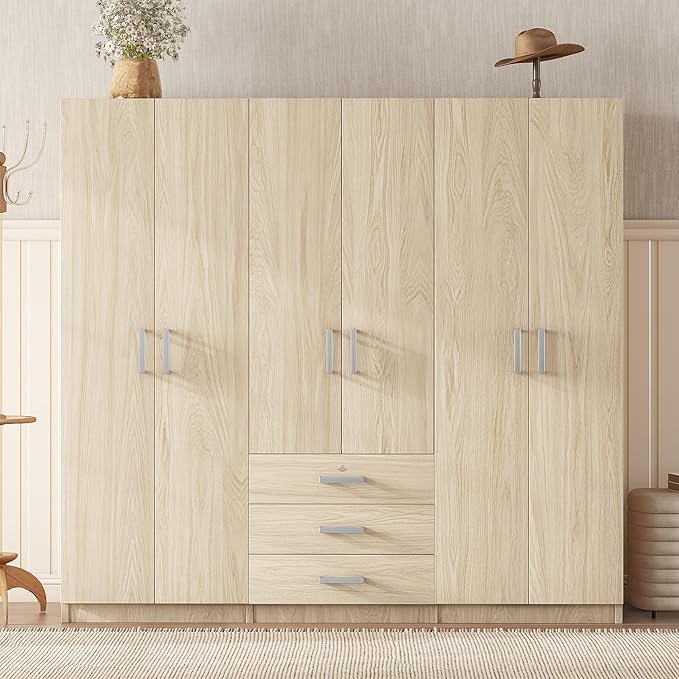 Merax 6 Doors Wardrobe Clothes Organizer, Wooden Armoire Wardrobe Closet with Three Big Drawers with Locker, Hanging Rail and Shelves for Home Room, Bedroom, Natural