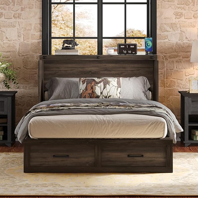 Bellemave Full Size Murphy Bed, Cabinet Bed with Charging Station and Storage, Farmhouse Murphy Cabinet with Foldable Panel, Noisy Free, for Guest Bedroom, Living Room, Office, Rustic Gray