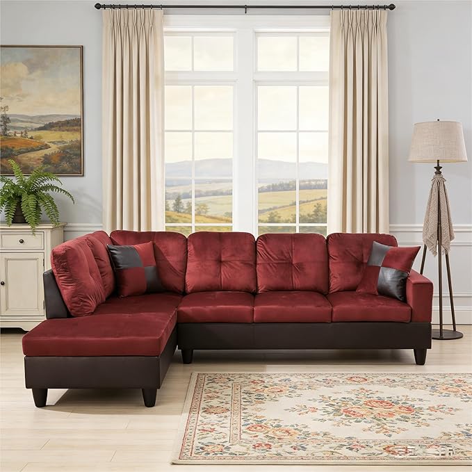 103.5 Inch Modern L-Shaped Couch, Flannel Sectional Sofa with Chaise Lounge, 4-Seater Couch with Accent Pillows for Living Room, Apartment, Red