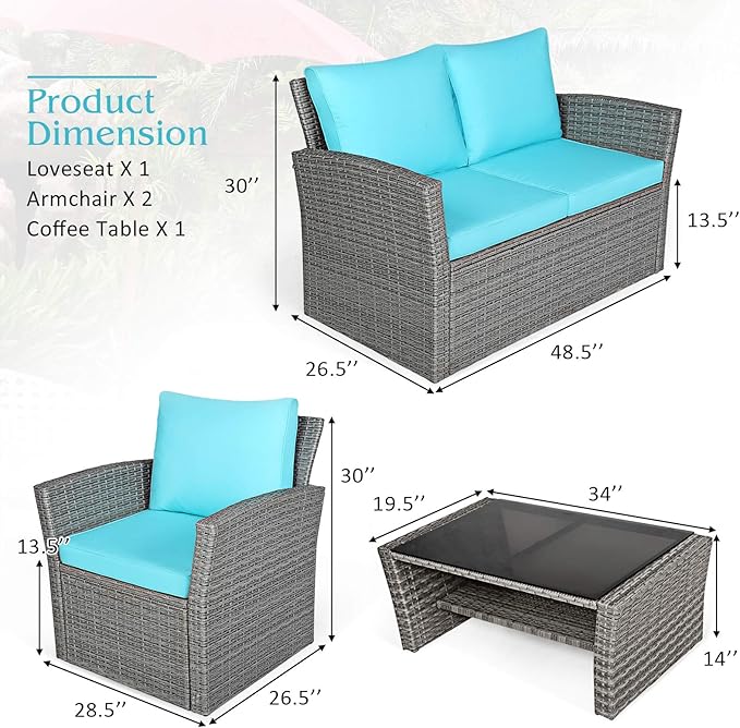 COSTWAY 4 Pieces Patio Rattan Furniture Set, Outdoor Wicker Sofa Set with Tempered Glass Coffee Table, Cushions, All Weather Rattan Conversation Set for Yard Balcony Backyard Pool (Turquoise)