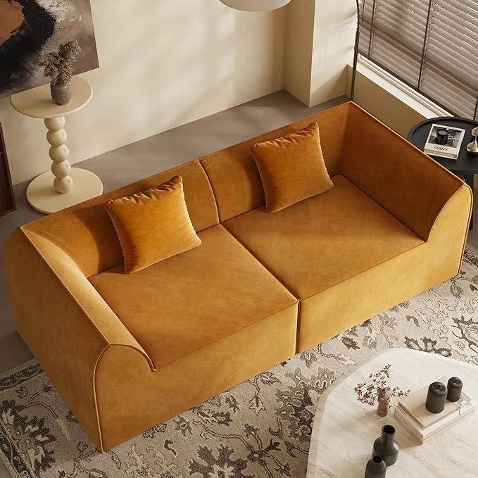 KEIKI 98.43'' Sofa Bed with Rectangle Pillow & Cushions, 2-Seater Convertible Chair, Folding Memory Foam Floor Couch & Sleeping Mattress, Modern Fabric Sleeper Sofa for Bedroom & Living Room,Orange