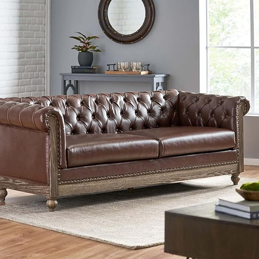 Merax Upholstered PU Chesterfield 3 Seat Sofa, Classic Retro Style Leather Couch Rolled Arm for Living Room Bedroom Office, Dark Brown