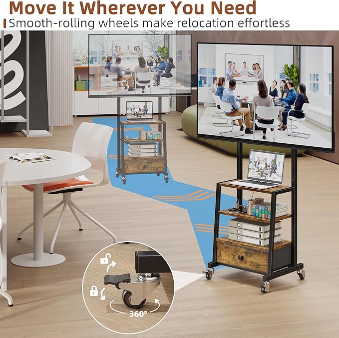 Rolling TV Stand with Wheels and Mount & Fabric Drawer - Entertainment Center with Power Outlet and Small TV Stand for Bedroom, Living Room - 15" Rustic Brown - Image 4