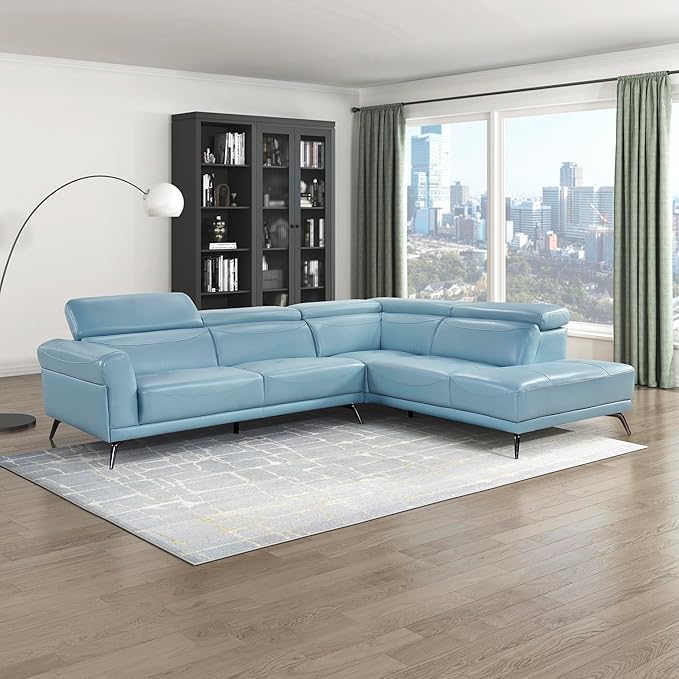 Lexicon L-Shaped Sectional Couch with Right Chaise, Top Grain Leather Match Sectional Sofa, Adjustable Headrests, Black Chrome Metal Legs, High-Density Cushions, Stitching, for Living Room, Blue