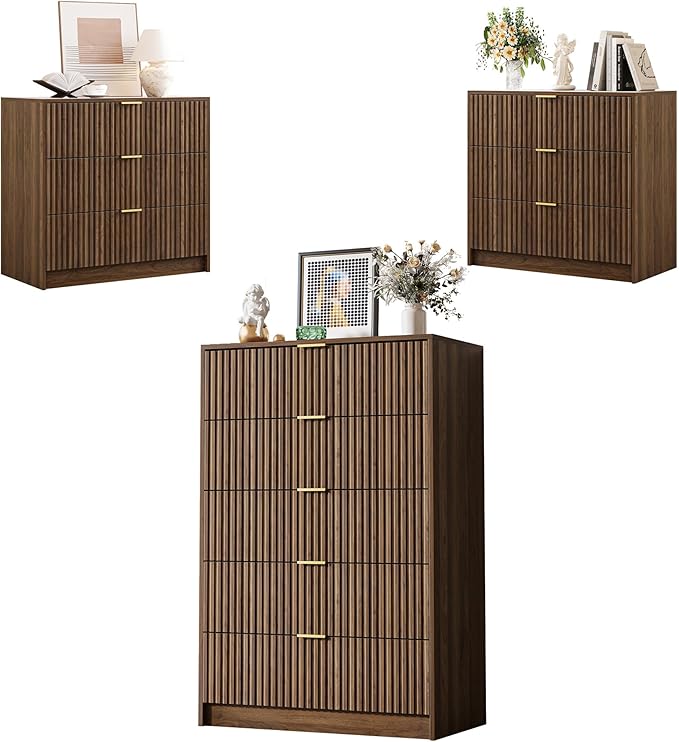 MAISONARIA Walnut 3-Piece Living Room Sets, 5 Drawers Dresser & 2 Drawer Nightstands with Hidden Handles, Wood Chest of Drawers for Living Room, Entryway