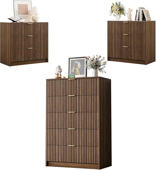 MAISONARIA Walnut 3-Piece Living Room Sets, 5 Drawers Dresser & 2 Drawer Nightstands with Hidden Handles, Wood Chest of Drawers for Living Room, Entryway