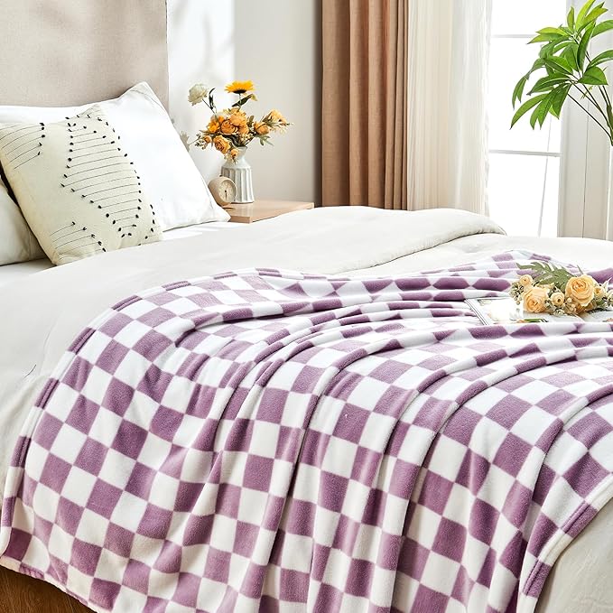 Edenleaf Checkered Blanket Flannel Throw Blankets Soft Cozy Checkered Grid Print Chessboard Gingham Pattern Throws for Bed Sofa Couch for All Seasons, 50x60 Inch, Purple