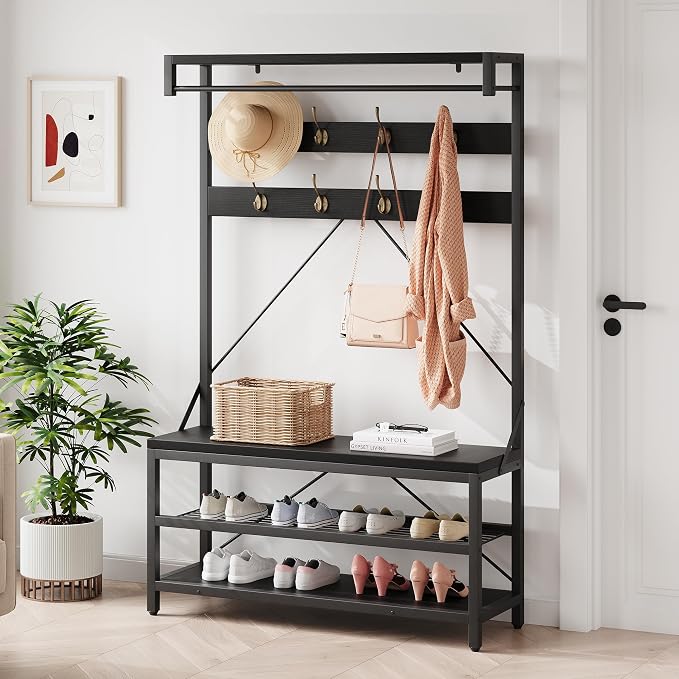 IDEALHOUSE Coat Rack Shoe Bench Industrial Hall Tree Storage Bench for Entryway Wood Look Accent Large Shoe Rack with Storage Shelf Hanging Bar,8 Hooks Grey 39.9"x15.7"x72" - Image 5