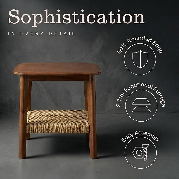 Alaterre Furniture Calais 2-Tier Solid Wood End Table with Woven Storage Shelf – Mid Century Modern Nightstand or Side Table for Living Room, or Bedroom (Chestnut) - Image 6