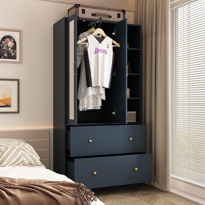 Hitow Wardrobe Armoire Closet with Mirror, 2 Door Wardrobe Cabinet with 2 Drawers & Extendable Hanging Rod, Bedroom Armoire Cabinet Clothes Organizer, Type A Blue (35.5" W x 15.8" D x 70.8" H)