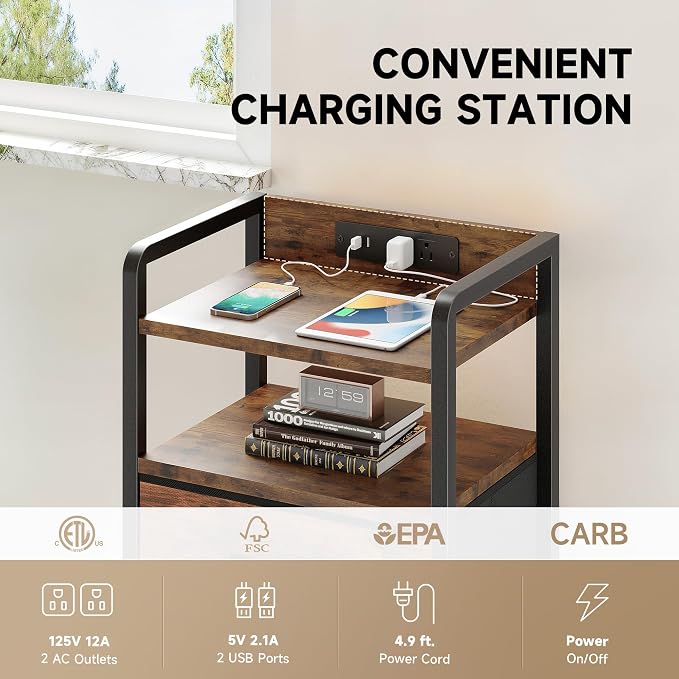 Lazzanto Night Stand Bedside Table Bedroom - Nightstand with Charging Station, Night Stand with LED Light Strip, End Table with U-S-B Ports & AC Outlets, Storage Shelf & 2 Fabric Drawers, Rustic Brown - Image 5