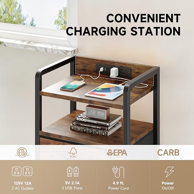 Lazzanto Night Stand Bedside Table Bedroom - Nightstand with Charging Station & LED Light Strip, Bed Side End Table with Storage Shelf & 3 Fabric Drawers, U-S-B Ports & AC Outlets, Rustic Brown - Image 5