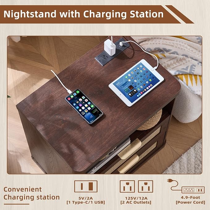 LEYAOYAO Rattan Nightstands Set of 2 with Charger Station, 23" Wide Boho Night Stand with 2 Drawers, Bedside Table Open Shlef, Bed Side End Table Dresser for Bedroom, Living Room Hallway, Walnut - Image 5