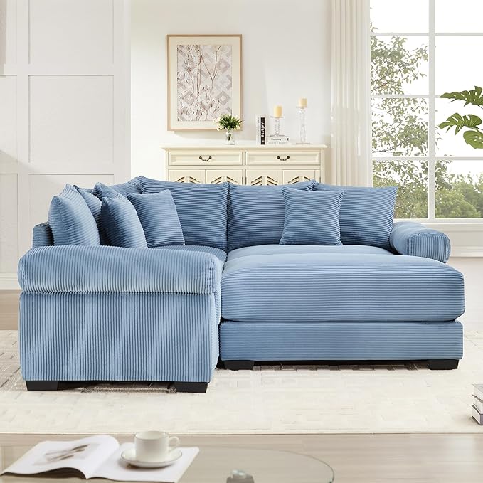 KEIKI 79" L-Shaped Oversized Corduroy Modular Cloud Sectional Sofa with 1 Ottoman, High-Density Foam Cushion, Extra-Thick Armrest, 3-Seater Fluffy Corner Couch with 10 Pillow, for Living Room, Blue