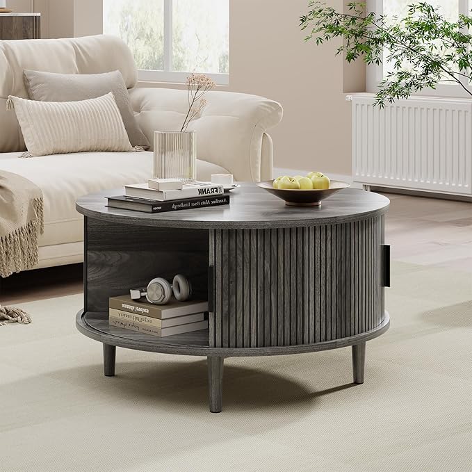Round Coffee Table with Storage, Mid Century Modern Coffee Table, Fluted Dining Table with Sliding Door, Circle Coffee Table for Living Room Home Office, 31.5", Gray