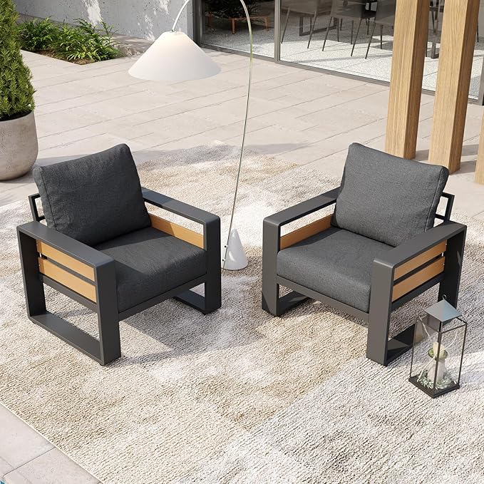 Aoxun Aluminum Patio Furniture Set, 2 Piece Luxury Outdoor Sectional with 6" Olefin Fabric Cushions, Patio Conversation Sets with Coffee Table Outdoor Sofas for Backyard, Porch Dark Grey