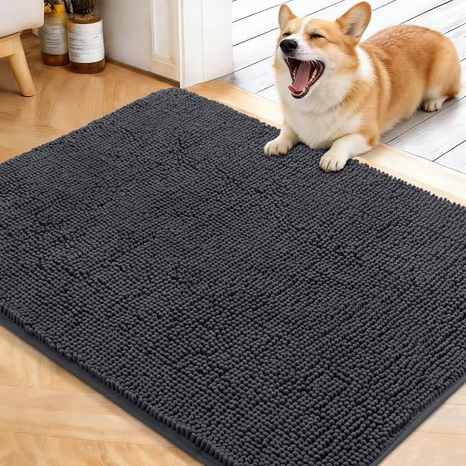 OLANLY Dog Door Mat for Muddy Paws 40x32, Absorbs Moisture and Dirt, Absorbent Non-Slip Washable Doormat, Quick Dry Chenille Mud Mat for Dogs, Entry Indoor Entryway Carpet for Inside Floor, Dark Grey by OLANLY