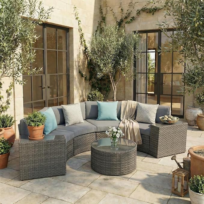SUNSITT Outdoor 7-Piece Half-Moon Sectional Furniture Set with Round Coffee Table, Patio Curved Sofa Set, Grey Cushion and Grey Wicker, Incl. Waterproof Cover