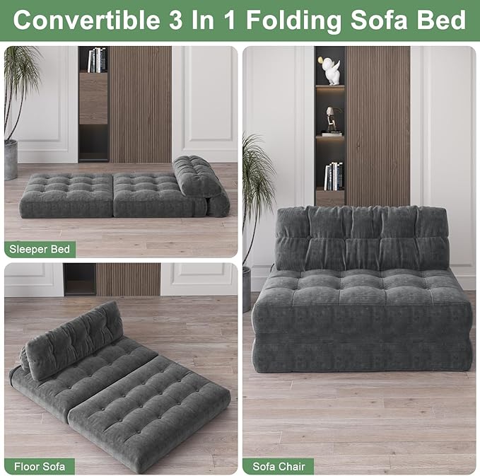 GarveeHome Folding Sofa Bed, Floor Folding Couch with Pillow, Futon Sofa Bed Convertible Sleeper Chair Foldable Mattress Back Support, Portable Fold Out Couch, Full, Corduroy, Dark Grey