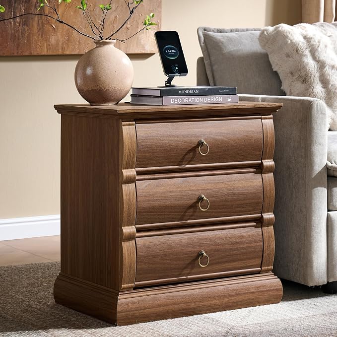 ACCOHOHO 22" Vintage Nightstand with 3 Curved Front Drawers & Retro Ring Pulls & Charging Station, Wood Bedside Table, End Table with Stable Base for Bedroom, Black Walnut Side Table by ACCOHOHO