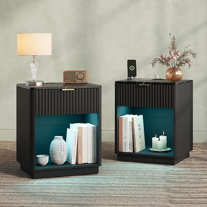 24” Tall Nightstand - Fluted Night Stand with Charging Station & LED Light Faux Marble Top Bedside Table with Curved Profile Design for Bedroom/ 1 Drawer, Black - Image 5
