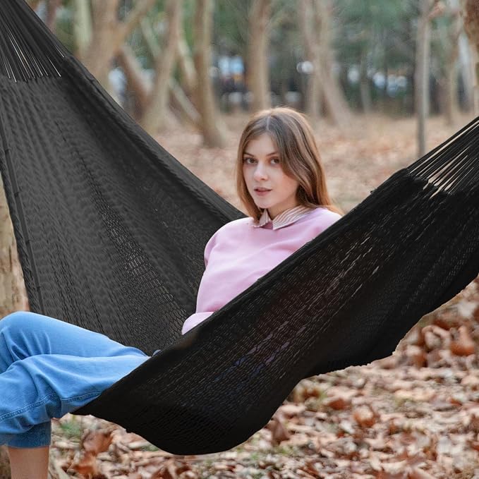 PNAEUT Handwoven Mayan Hammock, Thick Soft Rope Double Hammock for Outdoor Outside & Indoor, 600 lbs Capacity Heavy-Duty, Includes Tree Straps, Carabiners & Carrying Bag (Sombra Negra, X-Large) - Image 2