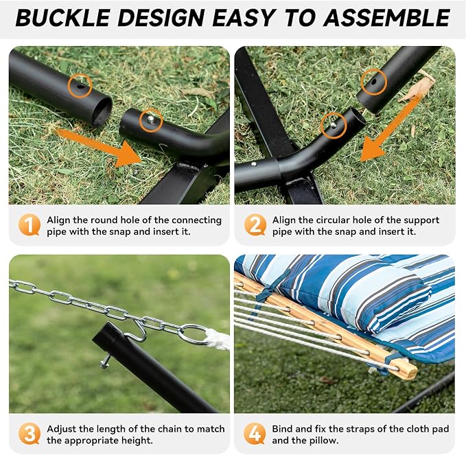 Everyfun 2 Person Outdoor Hammock with Stand, Cotton Rope Hammock with Polyester Pad, Adjustable Steel Frame, Portable with Carrying Bag – for Patio, Backyard, Garden, Beach, Blue - Image 7
