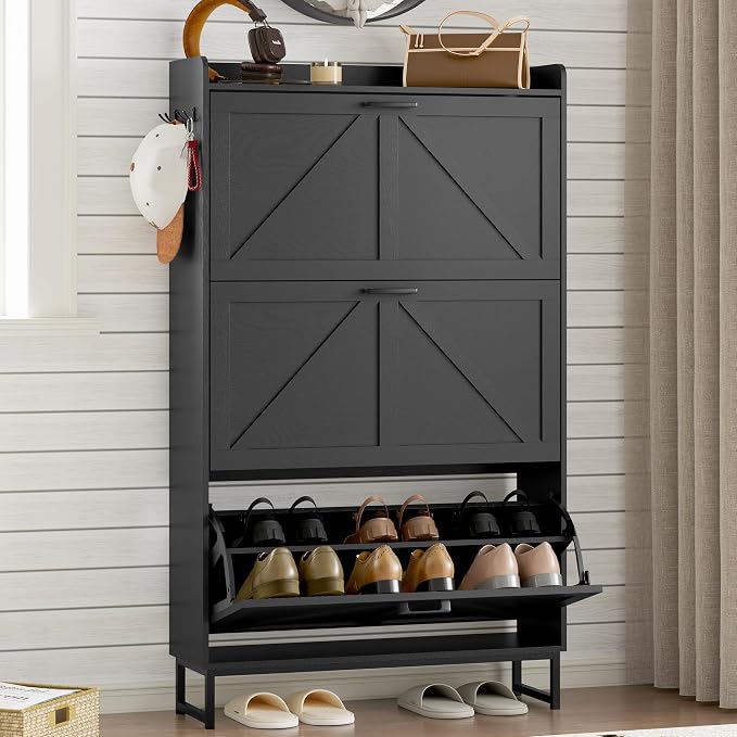 BORNOON Shoe Cabinet with 3 Flip Drawers Narrow Shoe Storage Cabinet Organizer Wooden Freestanding Shoe Rack Hidden Slim Shoes Storage Cabinet for Entryway, Hallway, Living Room, Bedroom by BORNOON