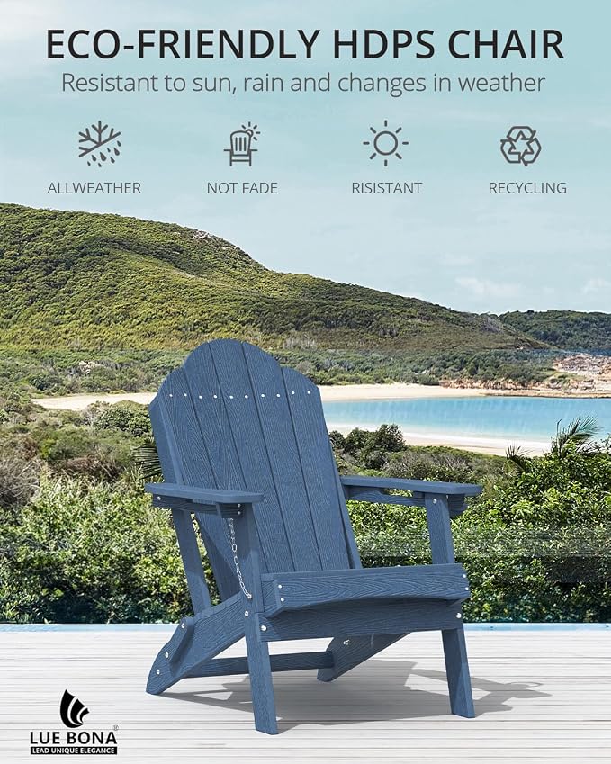 LUE BONA HDPE Folding Adirondack Chairs Set of 4 - Weather Resistant Seating with Cup Holder for Patio, Fire Pit, Deck & Resort Garden, Blue - Image 6