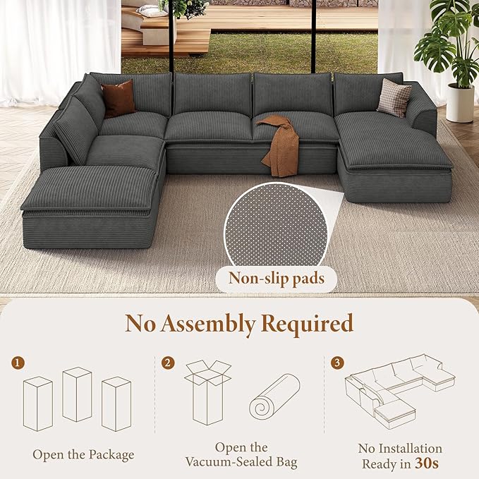 Vesgantti 141.7" Oversized Boneless Sectional Couch, Modern 7 Seater Modular Sofa with Chaise & Ottoman, Deep Seat Corduroy Cloud Couches for Living Room, No Assembly Required, Dark Gray