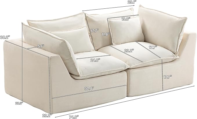 Chenille Modular Sectional Sofa Couch, Boneless Loveseat Cloud Couch for Living Room, Upholstered Compression Sofa in A Box w/Layers Seat Cushions, No Assembly Required | Plush, Wider Armrest