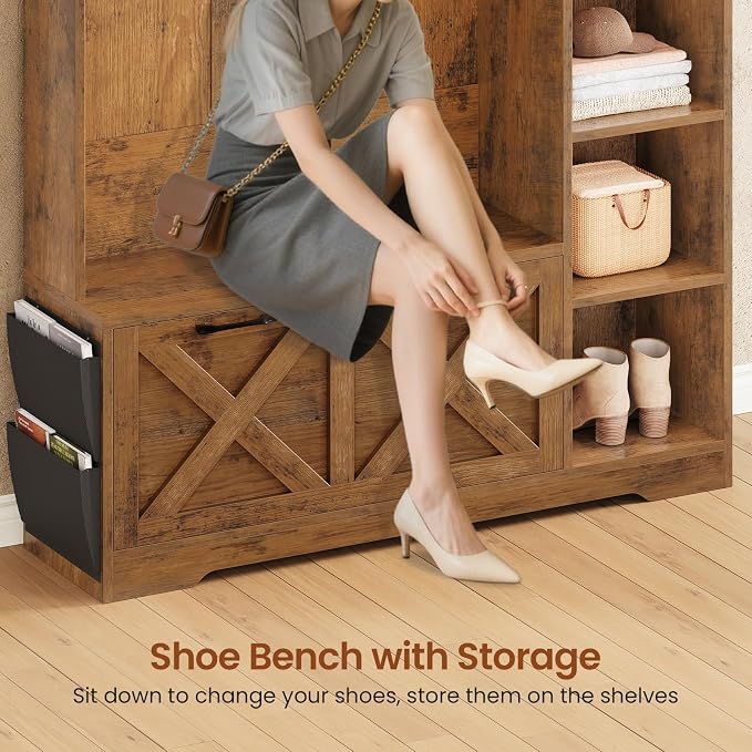 Itaar Hall Tree with Bench and Shoe Storage, Farmhouse Entryway Bench with Coat Rack, Shoe Cabinet with Flip Drawers, 7 Shelves, 10 Coat Hooks, Storage Bag, Led Lights, Rustic Brown - Image 7