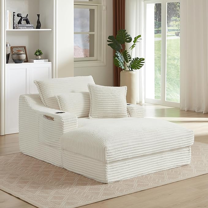 47 Inches Oversized Chaise Lounge Chair Indoor, Fluffy Corduroy Upholstered Boneless Sleeper Sofa Couch with Cupholders and 3 Throw Pillows, Deep Seat Lazy Lounger Cloud Couch Bed for Living Room
