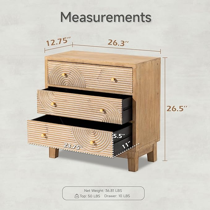 COZAYH 3-Drawer Farmhouse Dresser with Handicraft Wood Ring Motif, Set of 2 Fully Assembled Nightstand Wooden Finish for Boho, Mid-Century, Natural Wood, Rustic - Image 3