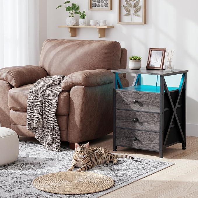AMHANCIBLE Night Stand Set 2, LED Nightstand with Charging Station, End Side Tables with USB Port & Outlet, Bedside Table with Fabric Drawers for Bedroom, Dark Grey, HET053LDG - Image 6