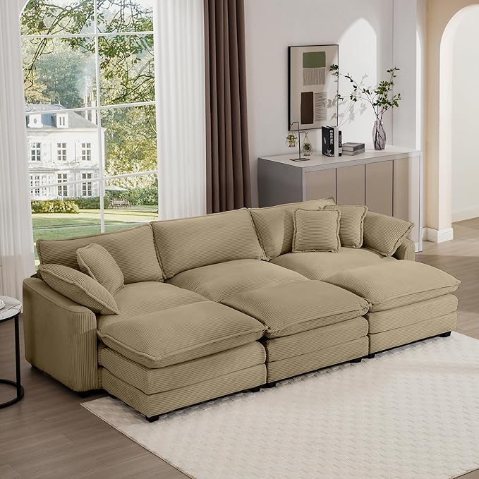 KEIKI 115" Oversized Corduroy Modular Sectional Sofa with 3 Ottoman, High-Density Foam Cushions, Removable Armrests, Upholstered 3-Seater Fluffy Corner Couch with 5 Pillow, for Living Room, Tan
